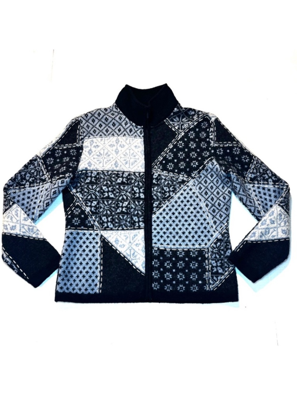 Talbots 100% Merino Wool Whipstitch Fair Isle Patchwork Cardigan‎ Jacket Petite